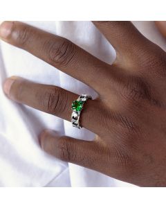 Sterling Silver Cuban Link Chain Green Stone Ring Men's Hip Hop