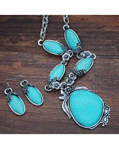 Retro Turquoise Jewelry Ethnic Style Necklace Earrings Ring Bracelet Combination Set