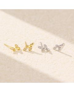 Leaf-shapepd Stud Earrings Silver Diamond Leaf Twin