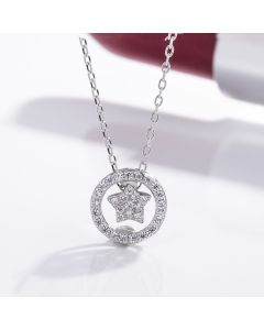 S925 Sterling Silver Full Diamond Star Necklace Female Simple Clavicle Chain Circle Pendant Temperament