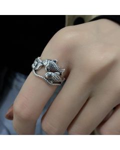 Ethnic Style Lucky Koi Lotus Hollow Personality  Ring Female