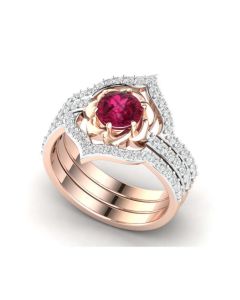 Exquisite Rose Gold Flower Ring Anniversary Proposal Jewelry Women Engagement Wedding Band Ring Set