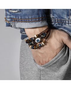Popular Ethnic Style Multi-layer Cowhide Hand-woven Beads Leather Cord Bracelet Adjustable