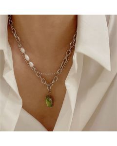 Green Square Brick Titanium Steel Necklace