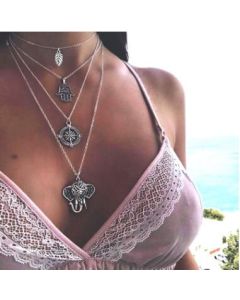 Leaf palm compass elephant multi-layer necklace