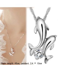 Silver Plated Double Dolphin Rhinestone Necklace