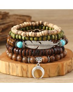 Simple Fashion Bohemian Feather Crescent Wooden Bead Bracelet