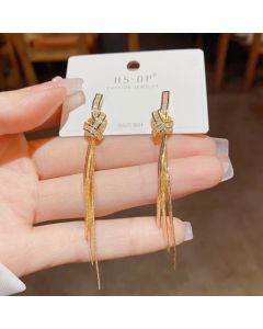 Simple Delicate Super Shining Zircon Knot Long Fringe Earrings Sterling Silver Needle Design Sense