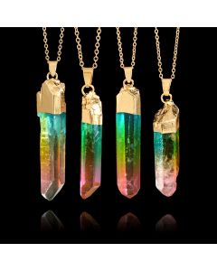 Original stone cylindrical mixed color crystal gold rim single ring pendant necklace