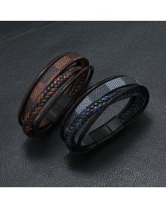 New Men's Authentic Leather Weave Striped Alloy Magnetic Buckle Multi-layer Leather Bangle Bracelet