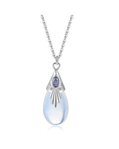 Teardrop Semi-precious Moonstone Pendant Necklace For Women Zircon Silver Color Fashion Jewelry