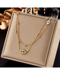 Minority Fashion Design Double-layer Mix Chain Golden Balls Titanium Steel Drop Oil Hollow Blue Eyes Pendant Necklace