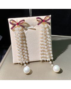 Bow Pearl Long Tassel Earrings