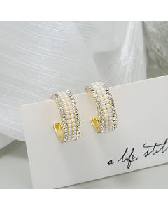 925 Silver Needle C-shaped Pearl Diamond Earrings Textured Earrings Net Red All-match Earrings
