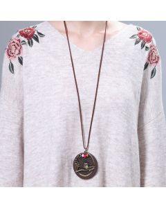 Owl Wood Chip Pendant Jewelry Cotton and Linen Accessories Long Necklace Girls Sweater Chain