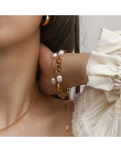 Stainless Steel Cuban Link Chain Three Pearl Fashion Simple Temperamental Bracelet
