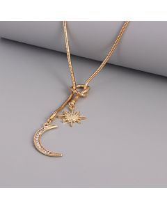 Simple Snake Bone Chain Sun Flower Diamond Crescent Pendant Necklace