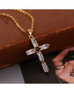 Retro Religious Copper Inlaid Zirconium Real Gold Plating Cross Necklace