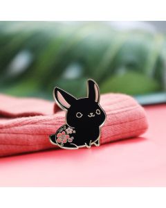 Cute Black Rabbit Brooch With Flowers