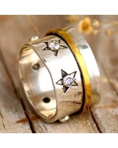 Star Moonstone Rotatable Metal Alloy Finger Fidget Spinner For Men Women Relief Anxiety Jewelry Gold Color Wide Ring