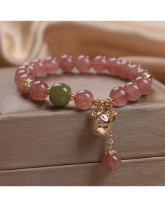 Natural Strawberry Quartz Lucky Cat Beaded Bracelet