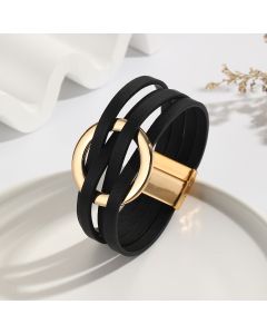 Cross Leather Women Bracelet Metal Big Ring Cuff Bangle Multi-layer Wristband Magnetic Snap Bangle