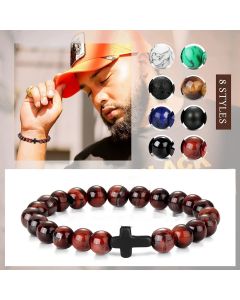 Tigereye White-barked Pine Obsidian Cross Men's Beaded Bracelet