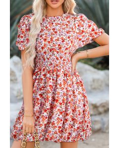Red Floral Print High Waist Short Sleeve Bubble Hem Dress