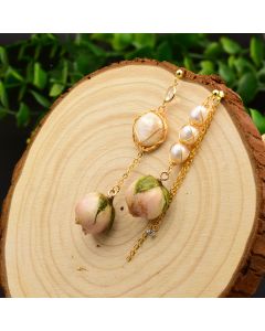 925 Tremella Needle Natural Pearl Epoxy Real Flower Handmade Asymmetrical Earrings