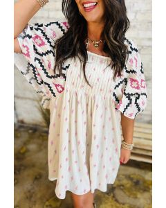Pink Geometric Print Pleated Square Neck Loose Mini Dress