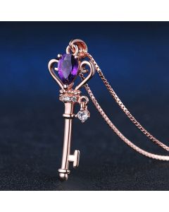 Sterling Silver Crown Key Pendant Necklace, 0.4 Carat Amethyst Gemstone Jewelry, Rose Gold Plated Chain