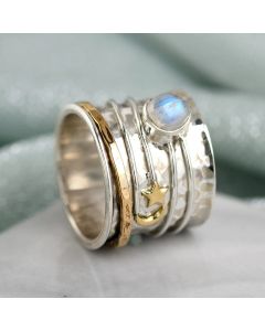 Star Moon Crystal Ladies Wide Two Tone Turning Ring