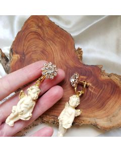 Vintage Embossed Resin Angel Rhinestone Earrings