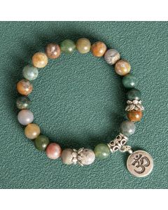 New 8MM Agate Blue Grain Stone Lotus Letter Men's Beaded Bracelet