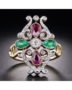 Gold Two-tone Crown Between Green And Red Zircon Staff Ring