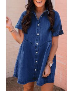 Dark Blue Short Sleeve Button Up Loose Denim Shirt Dress