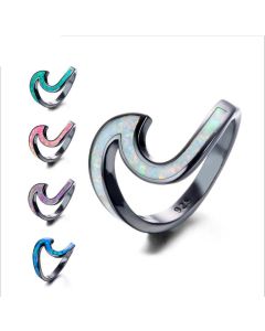 Women's Ring Gold Plated Black Opal White Ocean Wave