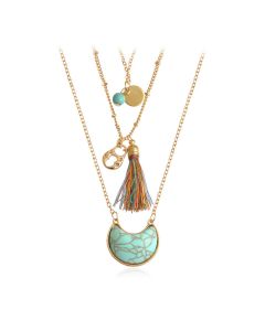 Bohemian Ethnic Style Turquoise Multilayer Necklace Silk Thread Tassel Moon Pendant Clavicle Chain Factory Direct Sales