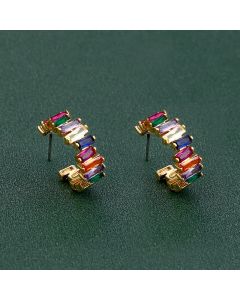 Colorful Zircon 18K Real Gold Rainbow C- Shaped Earrings