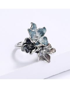 Simple Chinese Style Splash Ink Effect Epoxy Inlaid Zircon Retro Flower Ring For Women