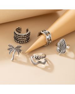 Retro Opening Adjustable  Small Fish Snake-shaped Coconut Tree Leaf Ring 5-piece Set