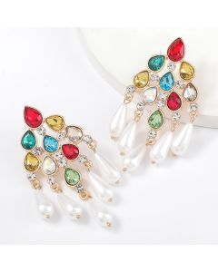 Creative Geometric Alloy Diamond And Acrylic Imitation Pearl Tassel Earrings