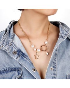 European and American Fashion Personality Necklace Single-layer Chain Imitation Pearl Circle Star Necklace