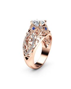 European And American Wish New Luxury Rose Gold Ladies Ring, Hollow Flower Inlaid Zircon Blue Gemstone Jewelry