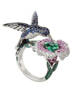 Inlaid Colorful Zircon Bird Flower Wedding Ring