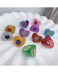 Korean Version Of Resin Flower Color Diamond Love Heart Glitter Sequin Ring Women