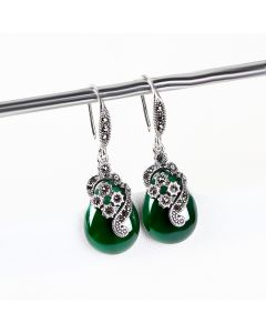 Vintage Thai Silver Earrings Female Green Agate