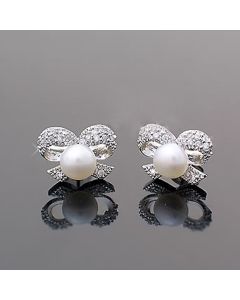 Sparkling Diamond Small Bow Pearl Earrings