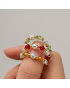 18K Gold Stainless Steel Crystal Pearl Beads String Ring