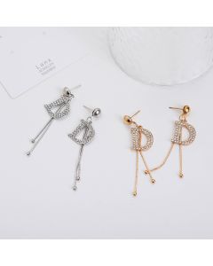 925 Silver Needle Diamond Letter Tassel Earrings Net Red Small Fragrant Style Trendy Temperament Female Long Thin Earrings